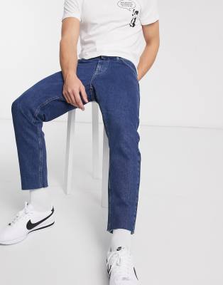 ASOS DESIGN classic rigid jeans in mid wash blue with rips, ASOS