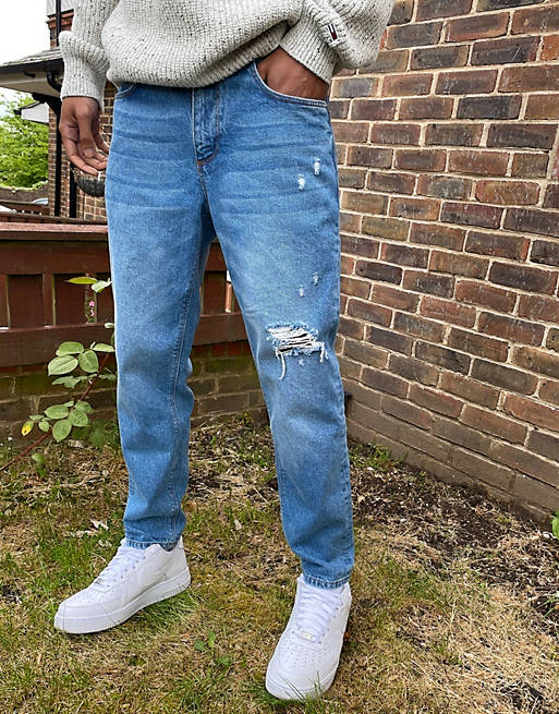 ASOS DESIGN classic rigid jeans in mid wash blue with rips