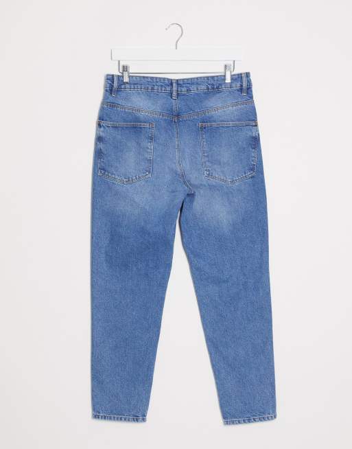 ASOS DESIGN classic rigid jeans in mid wash blue with rips, ASOS