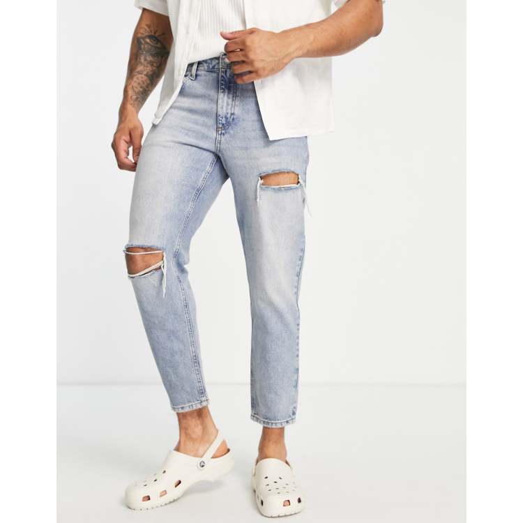 DTT rigid cropped tapered fit ripped jeans in vintage dark blue