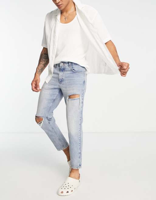 DTT rigid cropped tapered fit ripped jeans in vintage dark blue