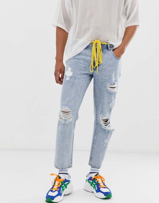 ASOS DESIGN classic rigid jeans in stonewash with rips and shoelace belt