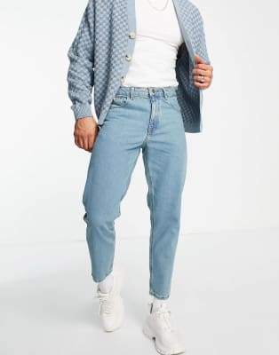 ASOS DESIGN classic rigid jeans in mid wash blue with rips, ASOS