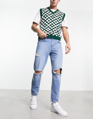 ASOS DESIGN classic rigid jeans with busted knees in mid wash blue 