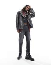 Reclaimed Vintage leather biker jacket in black with metal trims