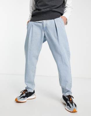 ASOS DESIGN classic rigid pleated jeans in light wash blue - ASOS Price Checker