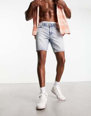 classic rigid regular length denim shorts in light wash blue