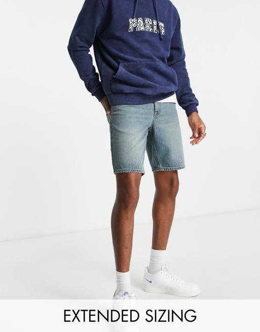 ASOS DESIGN classic rigid regular length denim shorts in tinted mid blue wash 