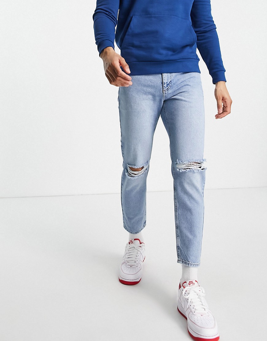 ASOS DESIGN classic rigid ripped jeans in mid wash blue-Blues