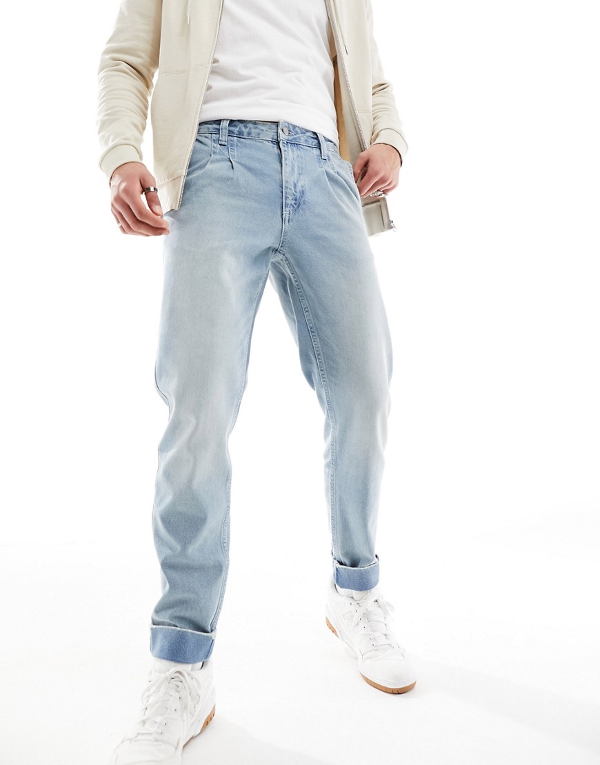 classic rigid turn up jeans with pleats in mid blue