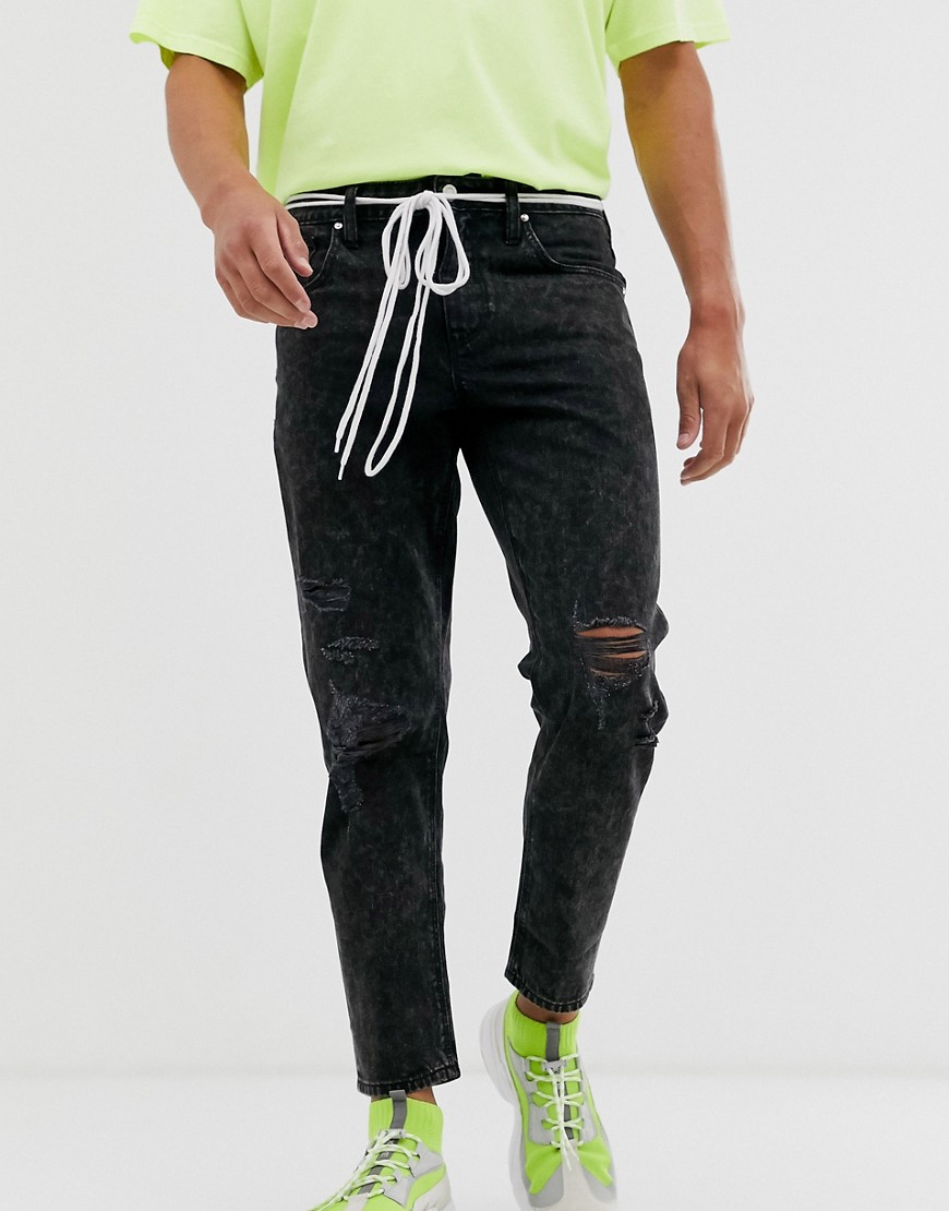 ASOS DESIGN – Classic – Svarta jeans utan stretch med revor och skosnöreskärp