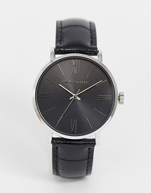 ASOS DESIGN classic watch with faux leather strap in black and silver tone