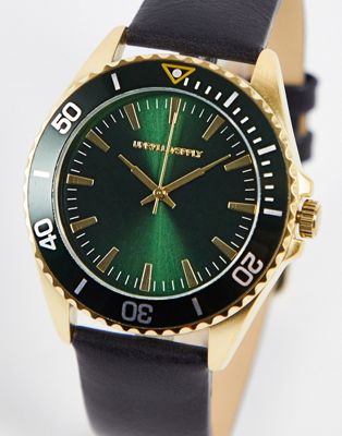 ASOS DESIGN classic watch in  black with green face and gold details - ASOS Price Checker
