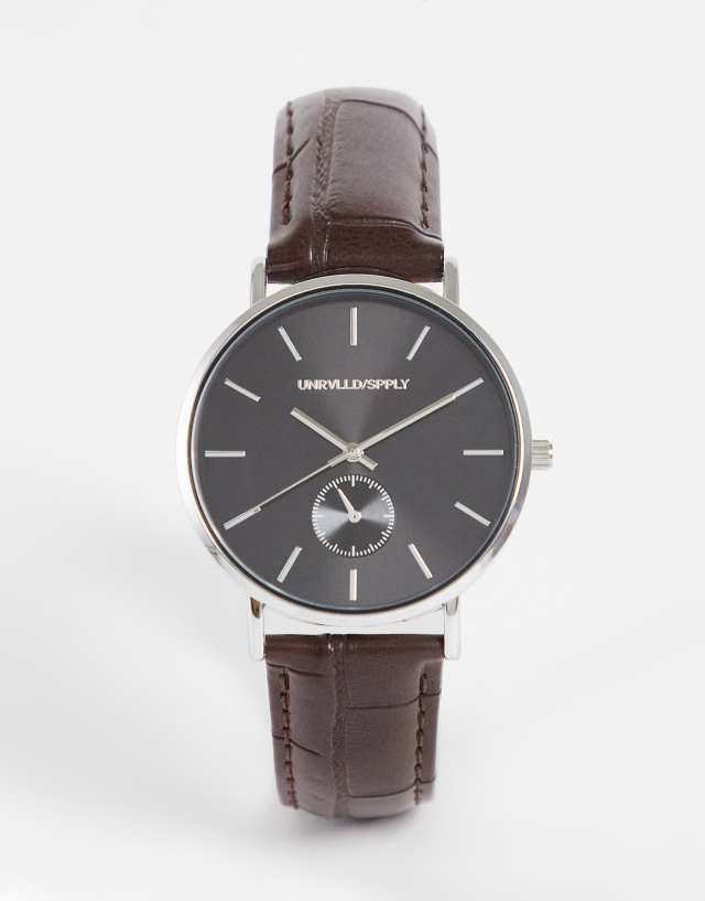 ASOS DESIGN classic watch with black face and brown faux croc strap with silver details