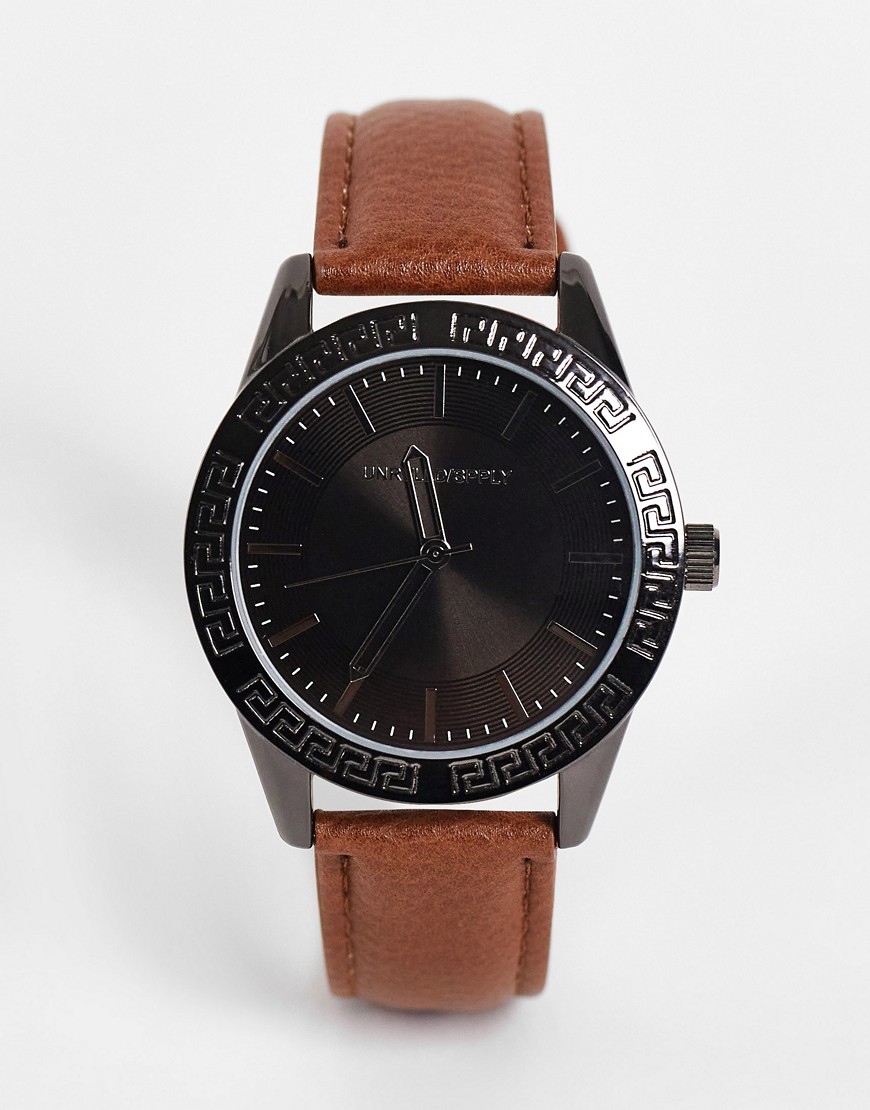 ASOS DESIGN classic watch with black face and leather strap in tan-Brown
