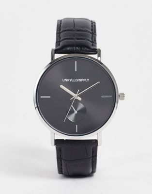 ASOS DESIGN classic watch with black face and faux leather strap in black