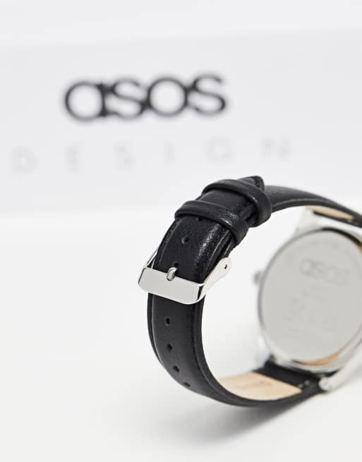 ASOS DESIGN classic watch with black face and rose gold details and real leather strap, 3 of 4