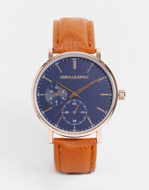 ASOS DESIGN classic watch with blue face and brown strap