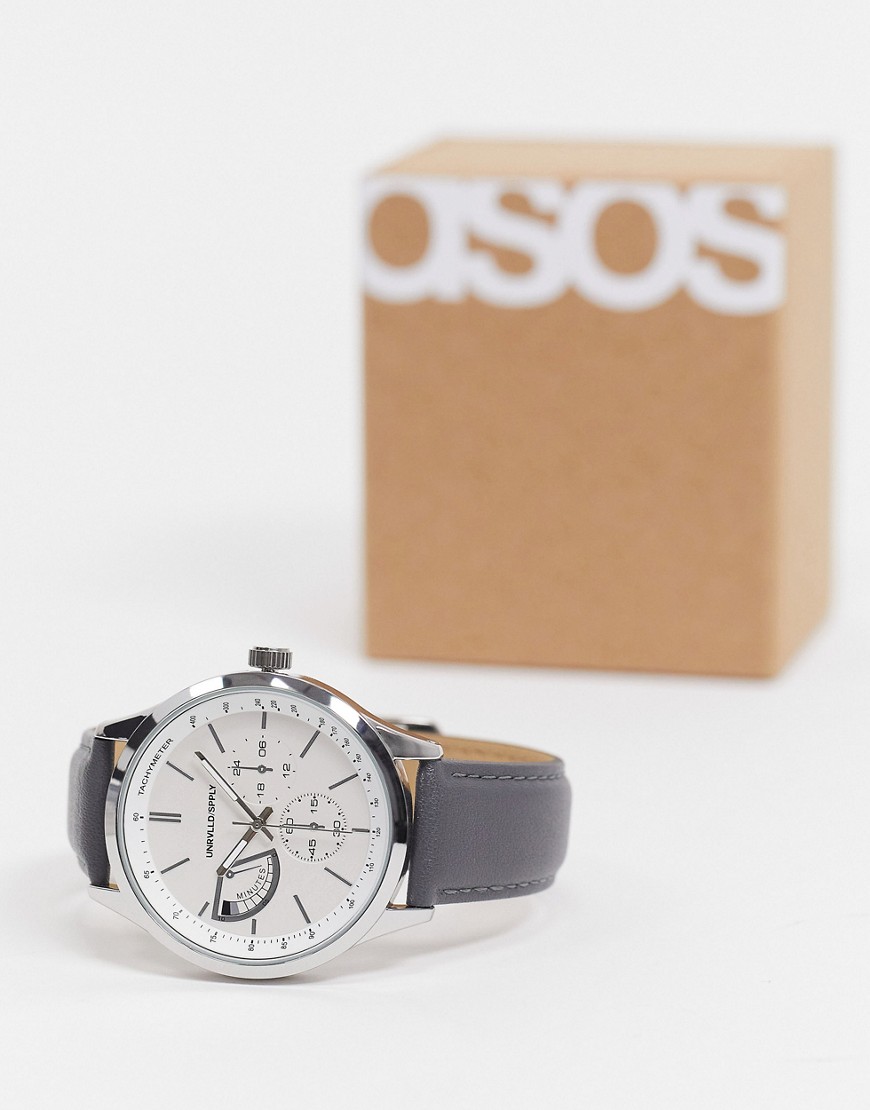 ASOS DESIGN classic watch with gray faux leather strap in silver