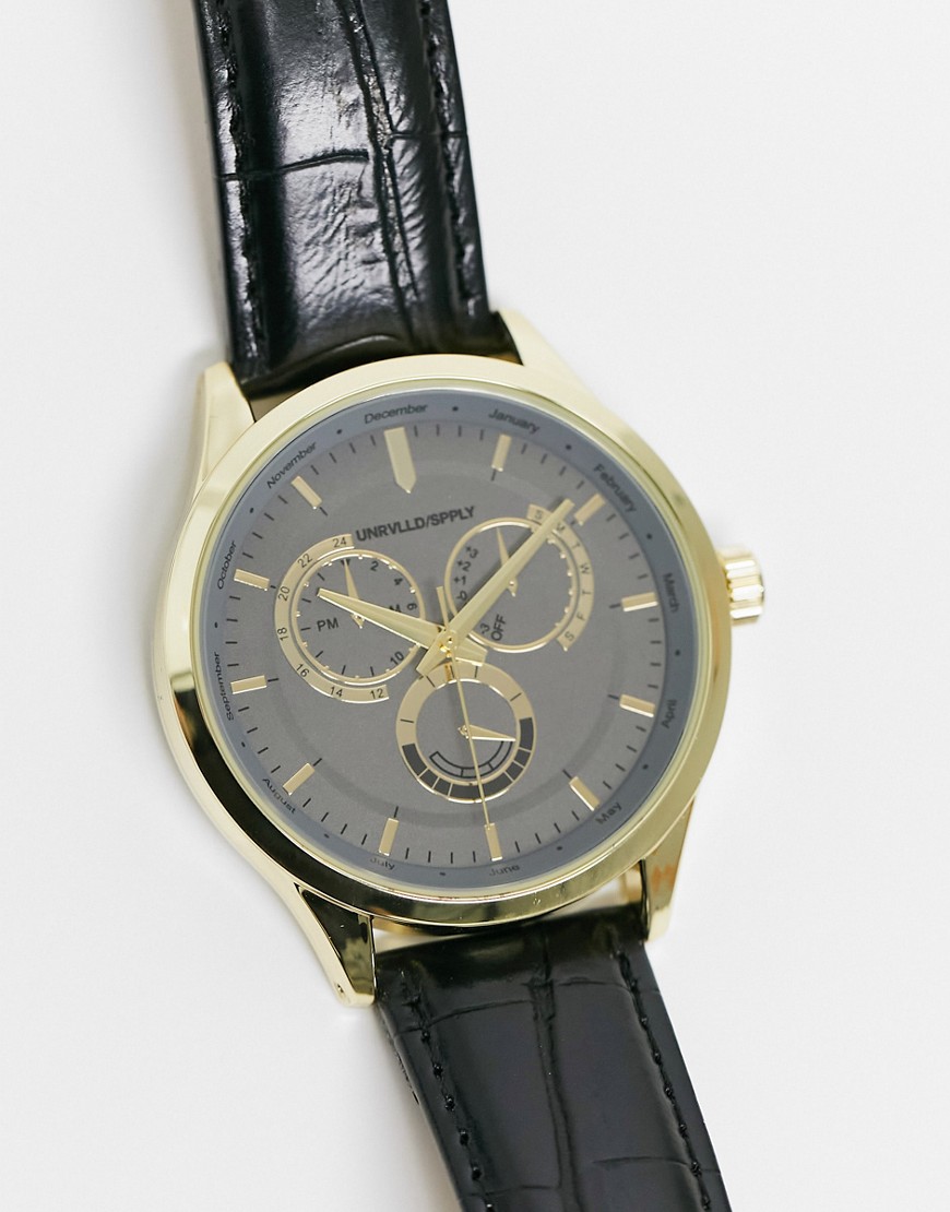 ASOS DESIGN classic watch with gunmetal face and black mock croc strap