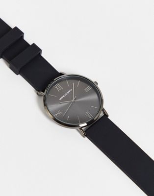 ASOS DESIGN classic watch with gunmetal face and silicone strap in black