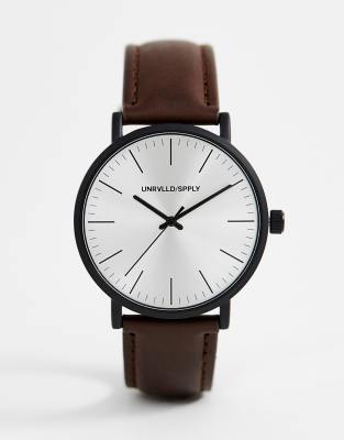 ASOS DESIGN classic watch with matte black case and faux leather strap in brown - ASOS Price Checker