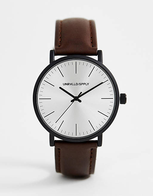 ASOS DESIGN classic watch with matte black case and faux leather strap in brown