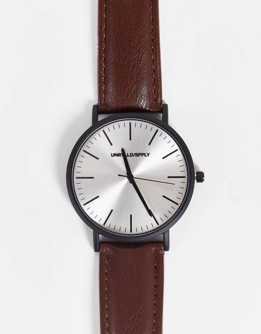 ASOS DESIGN classic watch with matte black case in brown ASOS