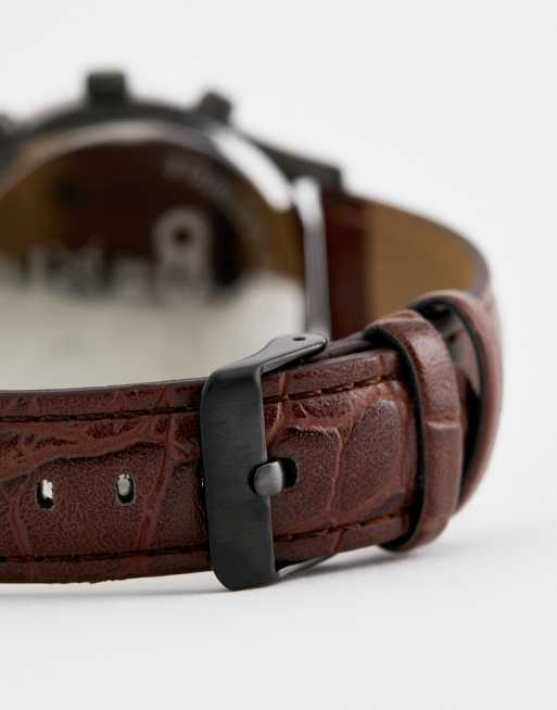 ASOS DESIGN classic watch with mixed metal finish and leather strap in brown, 4 of 4