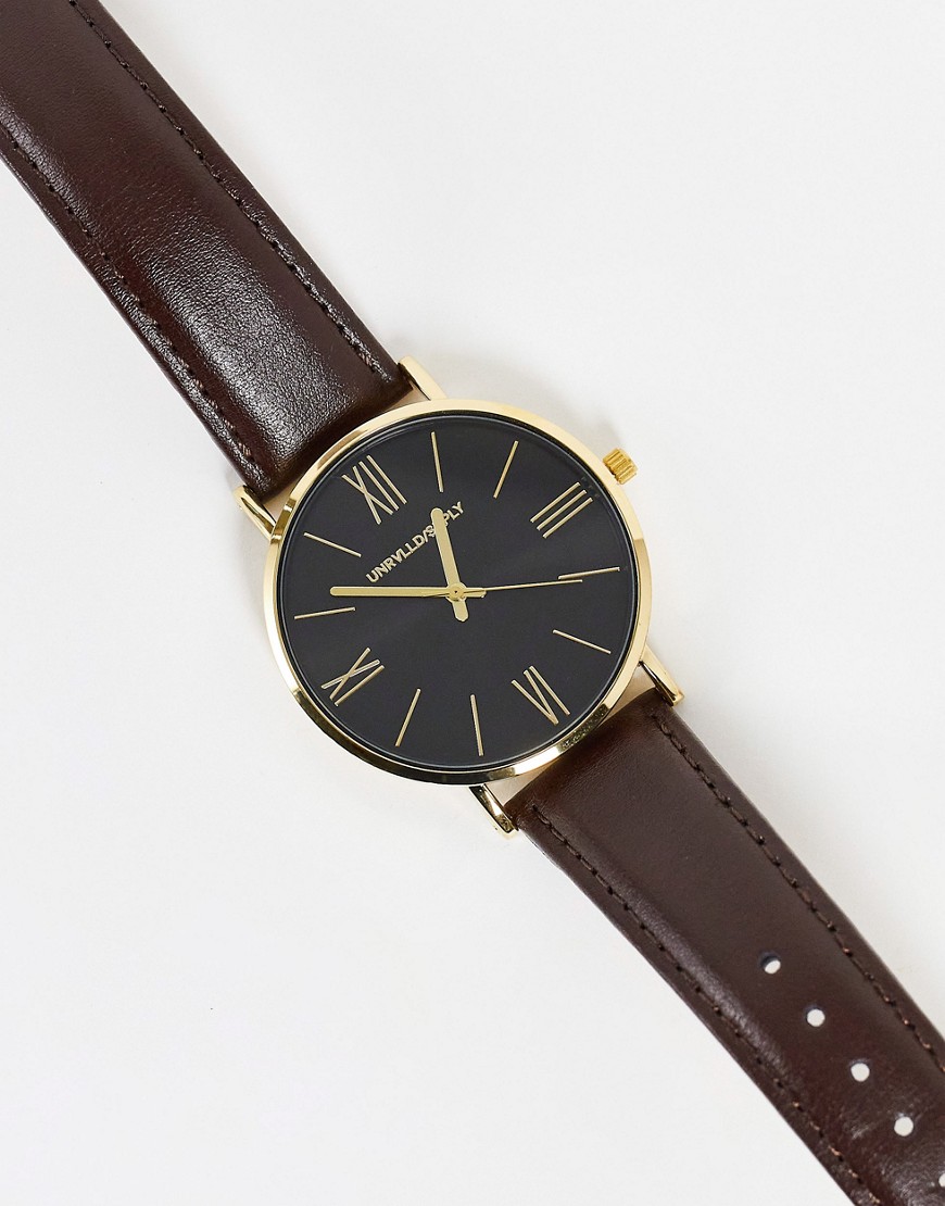 ASOS DESIGN classic watch with rose gold accents and leather strap in brown