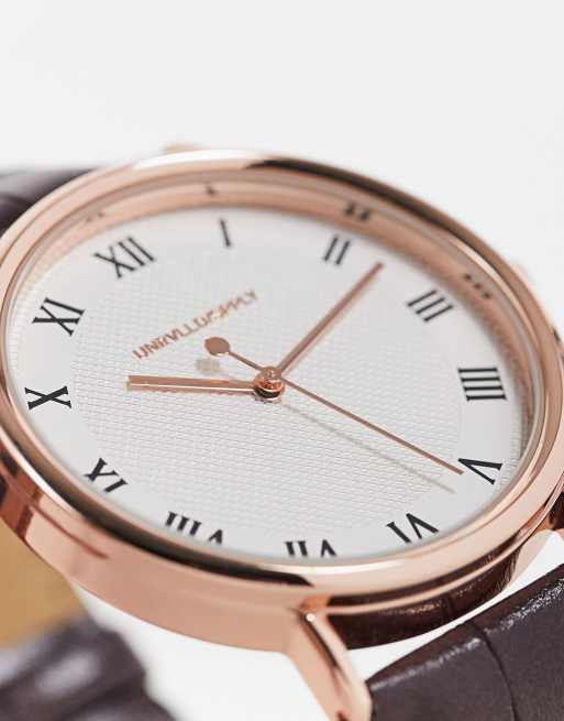 ASOS DESIGN classic watch with rose gold highlights and faux leather strap in brown, 4 of 4