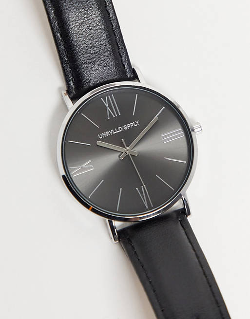 ASOS DESIGN classic watch with silver highlights and leather strap in black