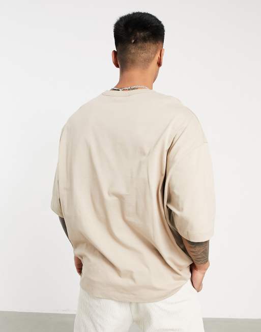 ASOS DESIGN Claude Monet oversized T-shirt with front print and bound neck detail in beige, 2 of 4