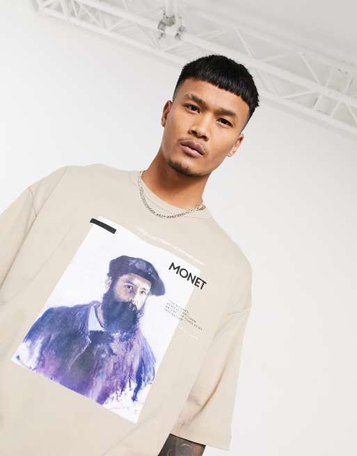 ASOS DESIGN Claude Monet oversized T-shirt with front print and bound neck detail in beige, 3 of 4
