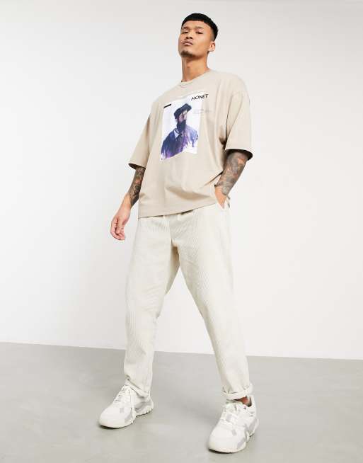ASOS DESIGN Claude Monet oversized T-shirt with front print and bound neck detail in beige, 4 of 4