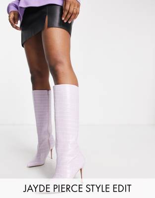 Asos Design Claudia Knee High Boots In Lilac Croc-purple ModeSens