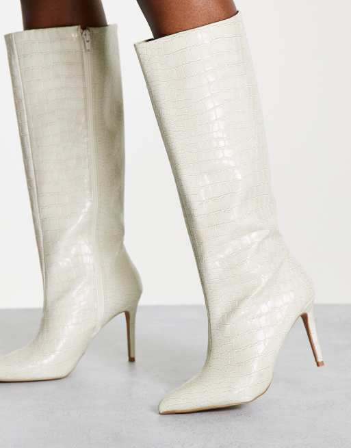 ASOS DESIGN Claudia knee high boots in off white croc