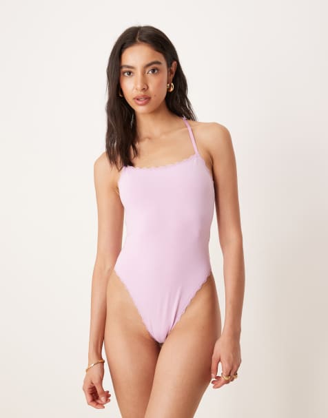 ASOS DESIGN Claudia rib & lace body with open back in lilac