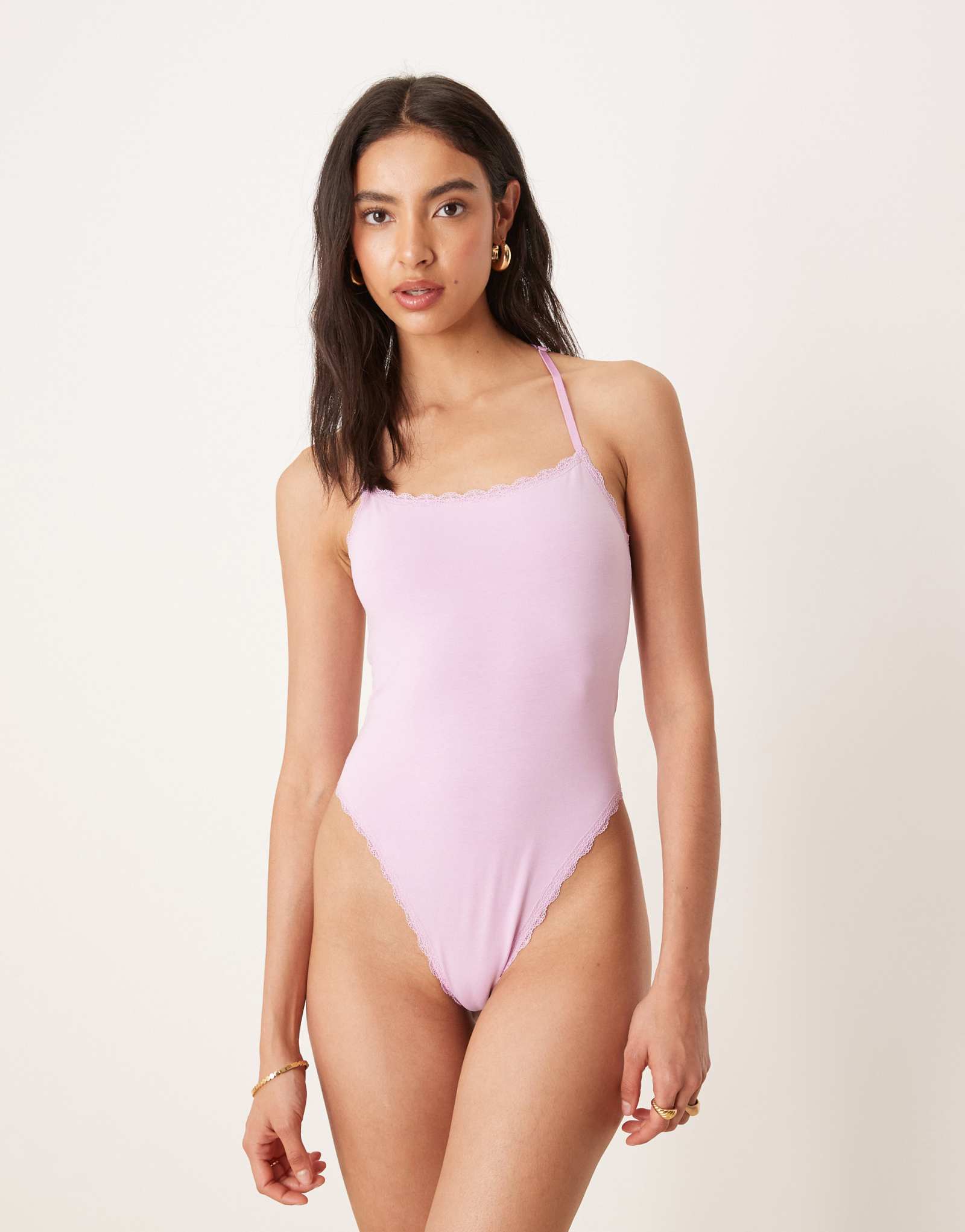 Боди из трикотажа и кружева Claudia rib с открытой спиной сиреневого цвета от ASOS DESIGN
