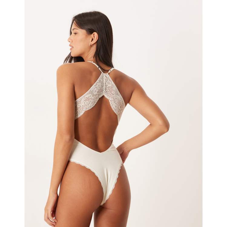 ASOS DESIGN Claudia ribbed & lace bodysuit with open back in ivory