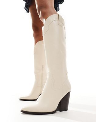 ASOS DESIGN Claudia western knee boots in off white-Neutral
