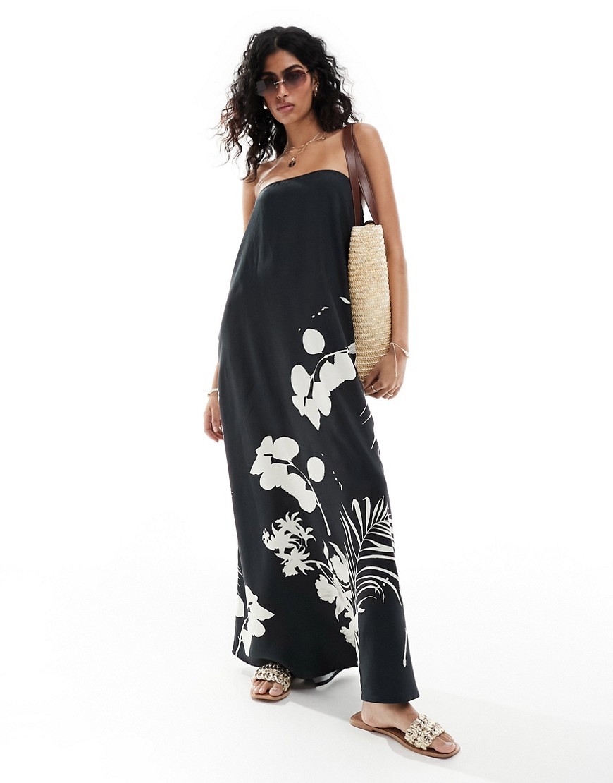 ASOS DESIGN clean bandeau maxi dress in mono floral print-Multi