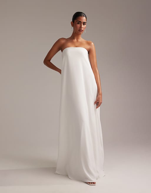white trapeze dress boohoo Women's Poplin Blouson Sleeve Maxi Design Features ASOS DESIGN clean bandeau satin