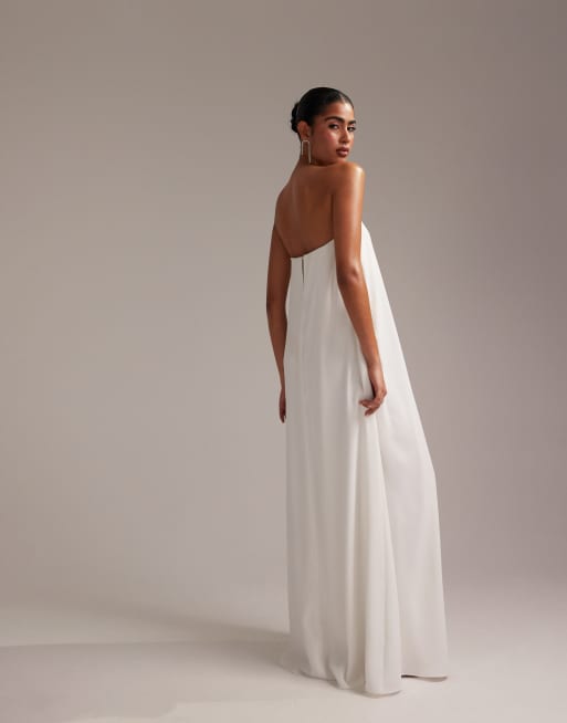 ASOS DESIGN clean bandeau satin trapeze maxi wedding dress in white, 2 of 6