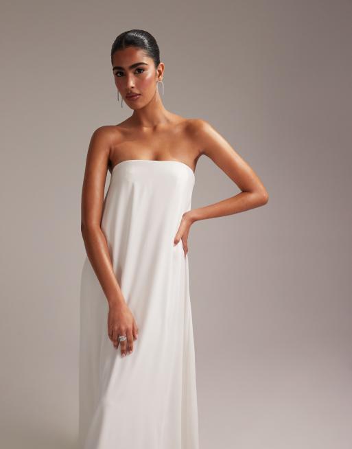 ASOS DESIGN clean bandeau satin trapeze maxi wedding dress in white, 4 of 6