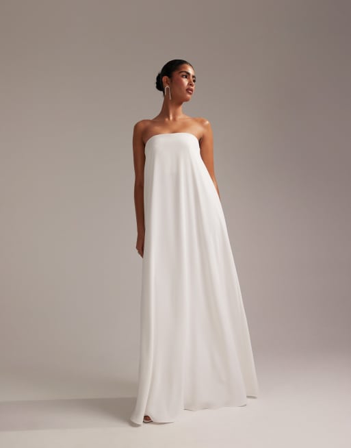 ASOS DESIGN clean bandeau satin trapeze maxi wedding dress in white, 5 of 6