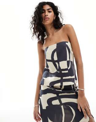 Asos Design Clean Bandeau Top In Mono Abstract Print - Part Of A Set-multi