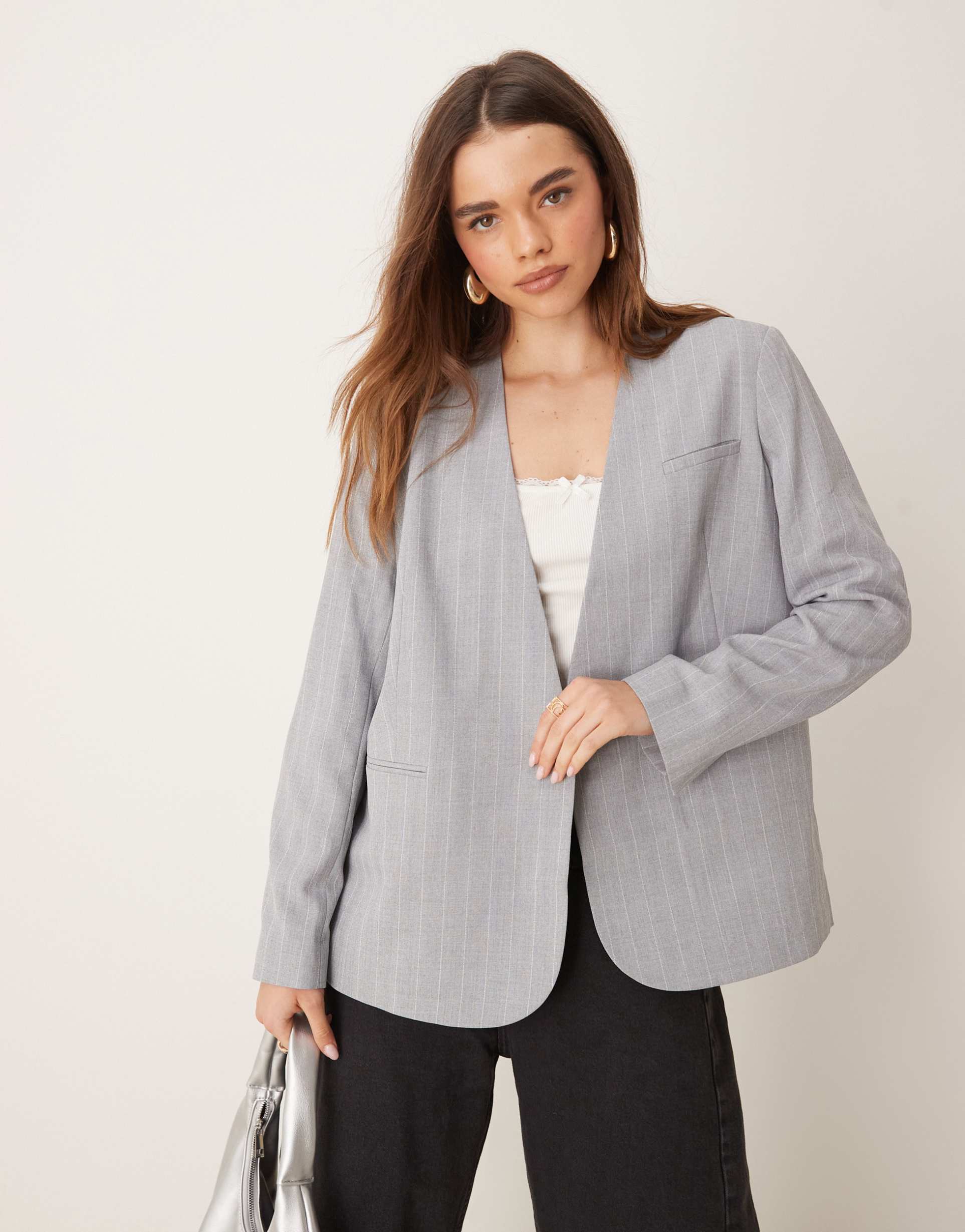 asos design clean blazer in gray stripe