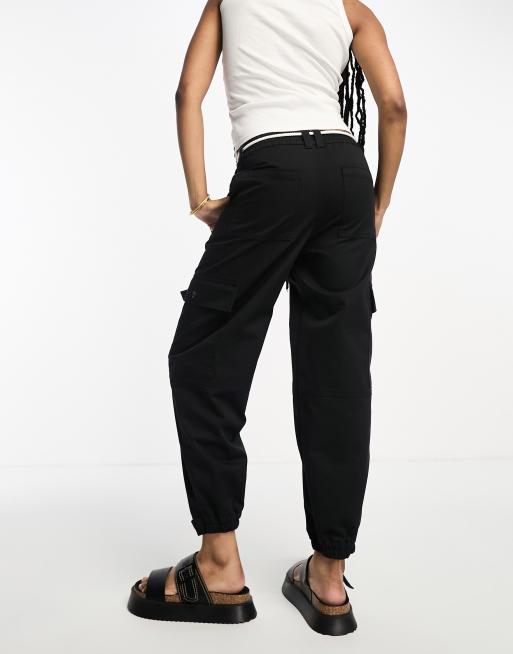 ASOS DESIGN clean cargo jogger with tie waist in black co-ord