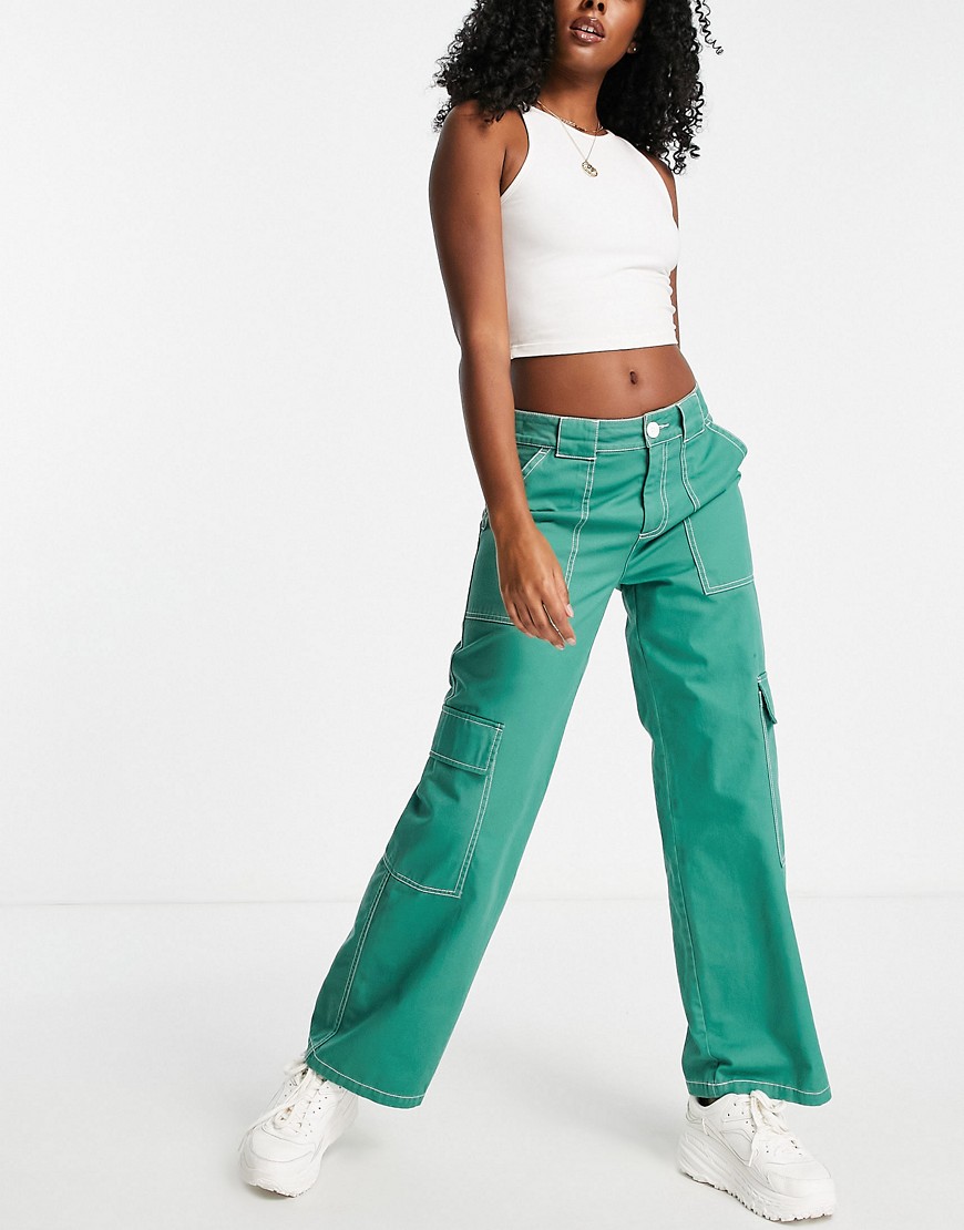ASOS DESIGN clean cargo pants in green with contrast stitching-Red